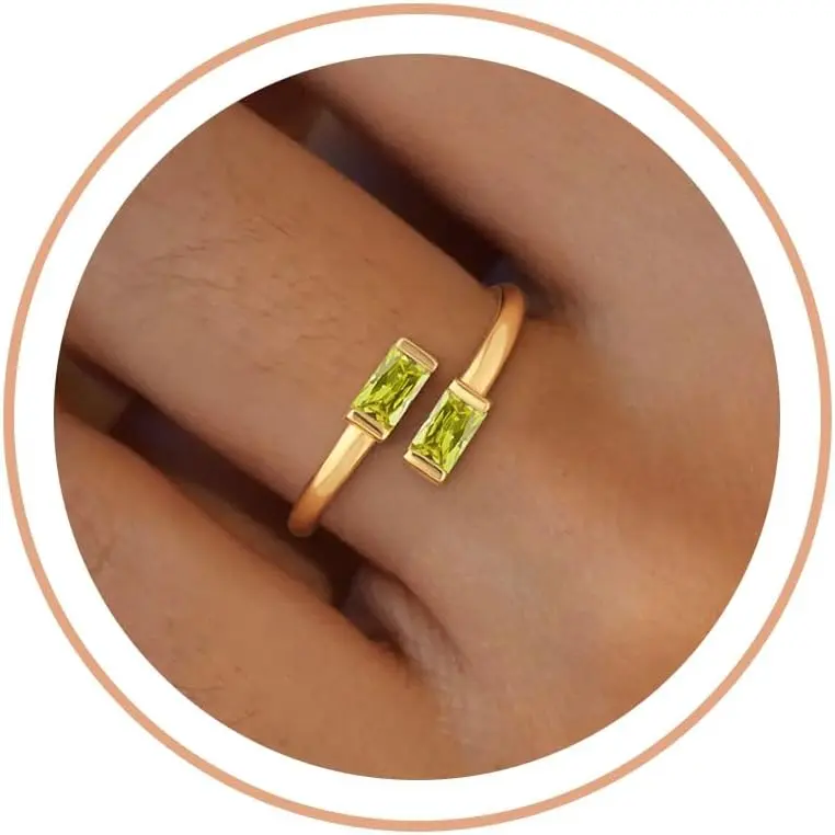 Gold Birthstone Rings for Women Non Tarnish 14K Gold Plated Adjustable Emerald Ring Cubic Zirconia Gemstone Promise Ring for Her Engagement Personalized Waterproof Jewelry Gifts for Birthday