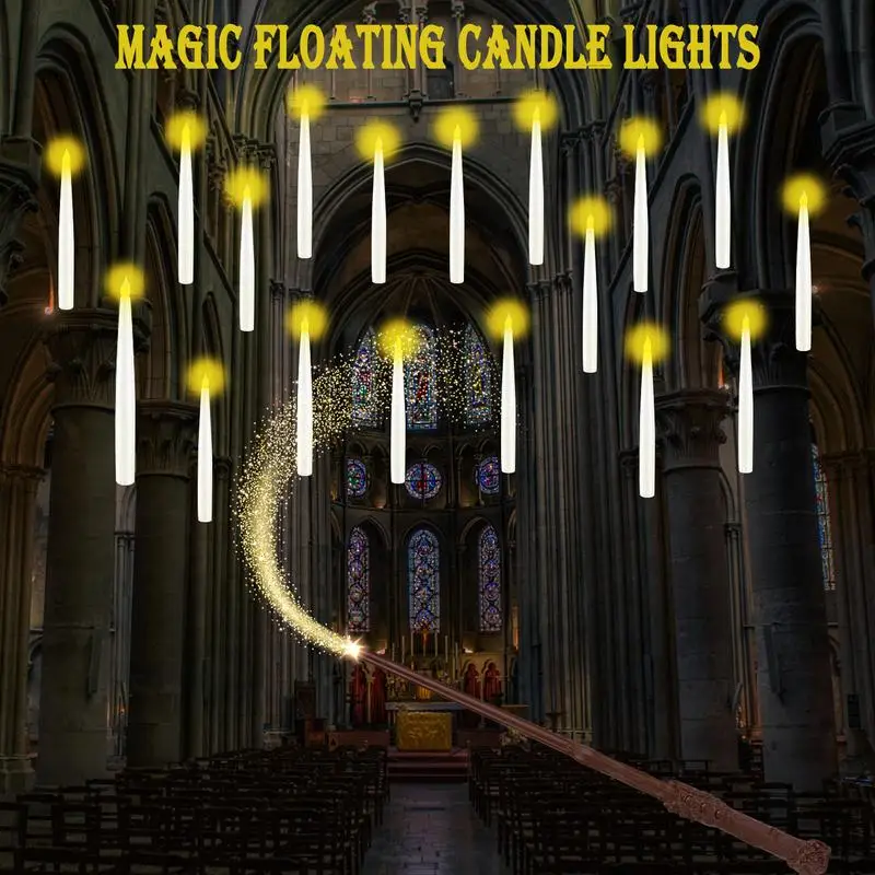 Magic Wand Remote Control Floating LED Candle Toy Set, Battery Operated Flameless Hanging Window Candles, Flickering Light Props for Christmas and Hal