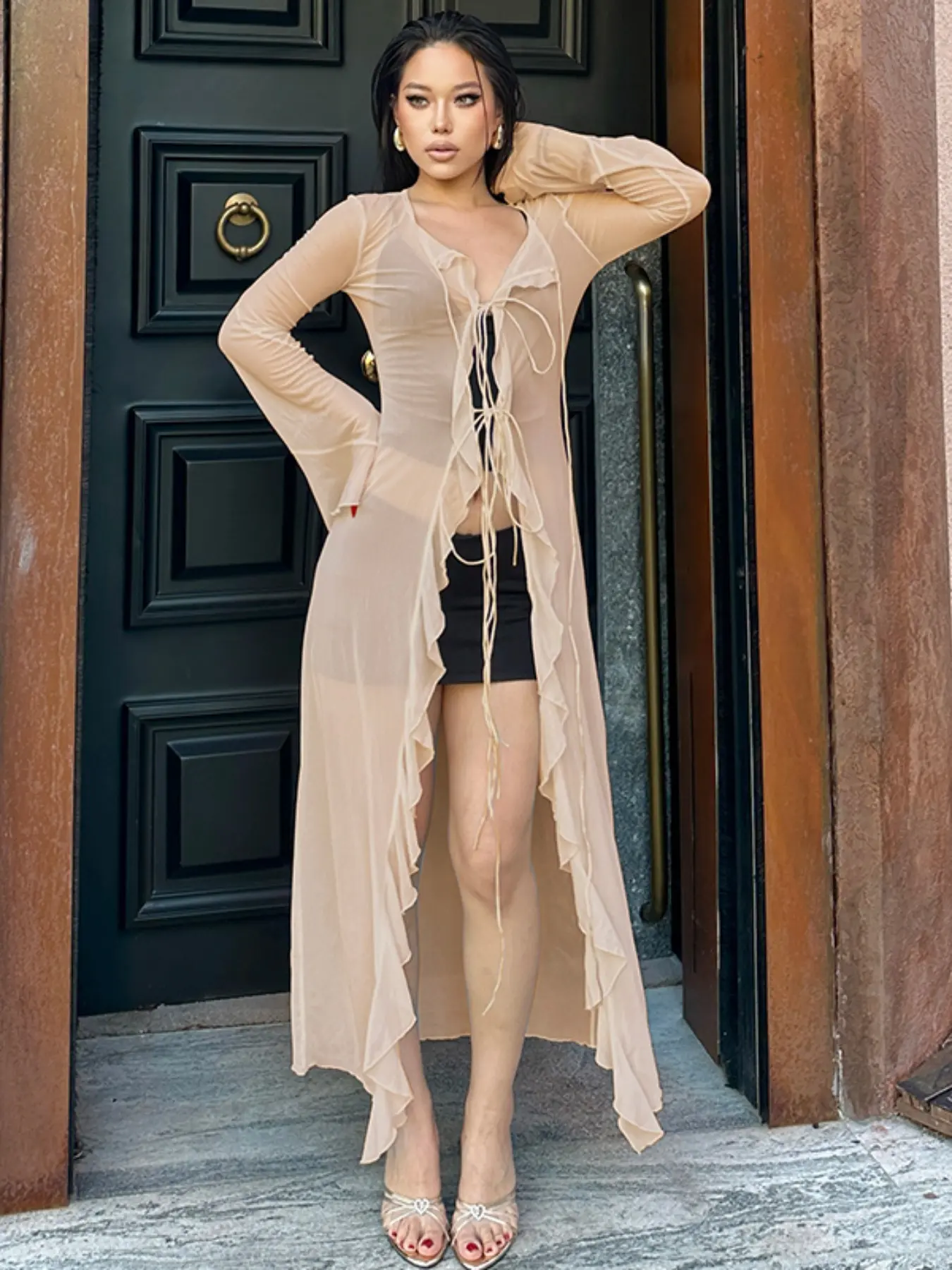sheer dress cardigan Contrast Trim Sheer Knit Dress & Cropped Cardigan Set Dress / S