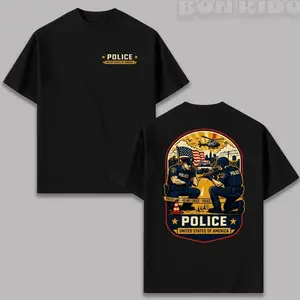 Men's Police USA Prints Round Neck Shortsleeve T-Shirt - Stylish, Breathable, Casual Cotton, Tactical Law Enforcement Streetwear, Patriotic Gift for Officers 0B2
