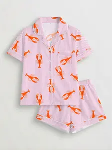 Women's All-Over Printed Sleepwear Loungewear Set, Short Sleeve Button-Up Soft Top & Elastic Shorts, Casual Home Wear for Daily Use