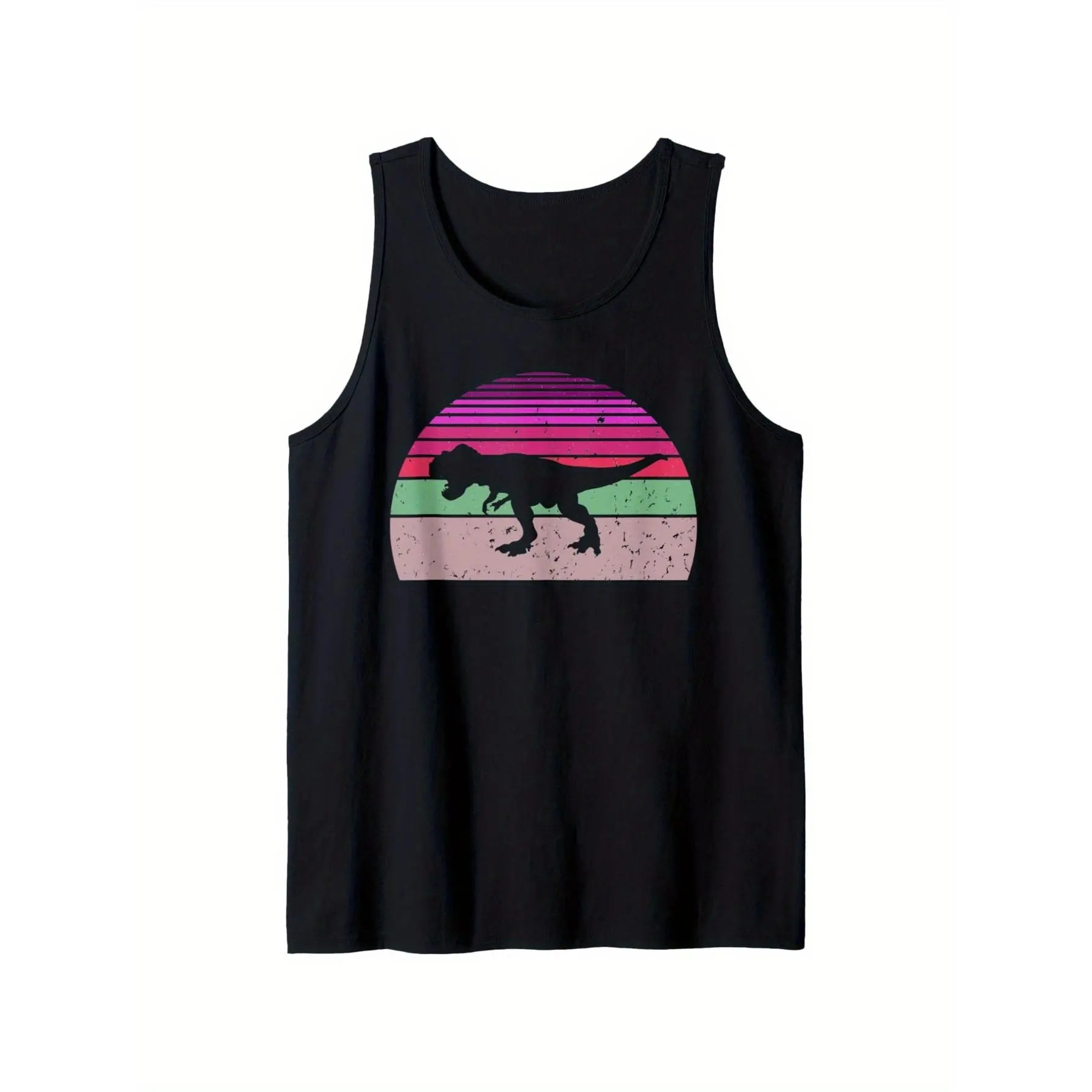 Men's Funny Workout Tank Top, Vintage T-Rex Graphic Sleeveless Shirt with 80s Retro Sunset for Gym & Fitness, Soft & Breathable, Regular Fit, Casual Gym