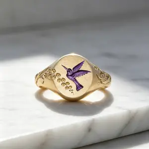 Hummingbird ring, signet ring, enamel ring, featuring a lifelike purple hummingbird design at the center, fine jewelry, gift for her
