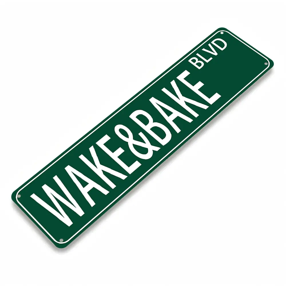 Wake & Bake Blvd Aluminum Sign, Flat Green Street-Style Wall Decor, Funny Sarcastic Cannabis Quote Design, Perfect for Man Cave & Smoke Room, 16x4 Inch, Great Humorous Gift for Stoners, Trendy Retro Grunge Vibe Decoration
