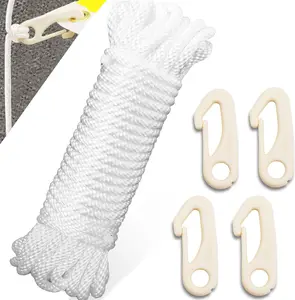 50 Feet Flag Pole Halyard Rope + 4 PCS Flag Pole Clip Hooks - 1/4" Polyester Flagpoles Up to 25 Ft, White