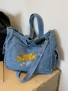 Vintage Embroidered Letter Tote Bag, Handbag Crossbody Bag, Metal Chain Decor, Casual Street Style, Zipper Closure, Small Travel Bag, Denim Fabric, All Seasons