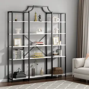 70.87" L x 79.13" H Triple Wide 5-Tier Bookshelf, Tall Display Shelf with Metal Frame, Extra Large Gold Bookcase, Freestanding Etagere Storage Display Shelf