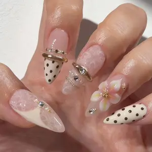 3D Lace Bangle Flower Press On Nails, Handmade Summer Polka Dot Nails, Gel Acrylic Fake Nails, False Nails Set, Cute Elegant Floral Nail Set