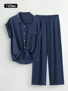 Women's 2-Piece Commuter Casual Drop Shoulder Short Sleeve Top + Long Pants Set, Loose-Fitting Minimalist Plain Basic Clothing for All Seasons