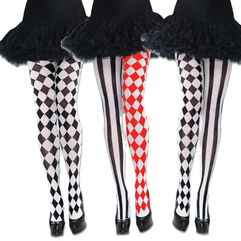 3-Pair Black & White Diamond-Pattern Halloween Tights, Checkered Sports Stockings for Costume Parties