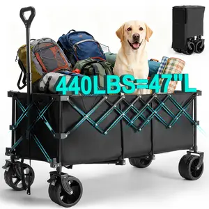 Wagon Cart Collapsible 440lbs Foldable Extra Long Heavy Duty Utility Wagon with Wheels, Portable Storage Grocery Cart for Camping, Shopping, Sports, Beach, Garden