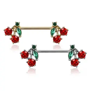 14G Surgical Steel External Threaded Cherry Red CZ Cherry Fruit End Nipple Barbell Rings Piercing Jewelry 9/16"