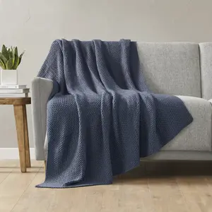 Navy Blue Chunky Knit Throw Blanket (50"x60") - 100% Acrylic, Rustic Touch, All-Season Cozy, Machine Washable, Farmhouse Boho Style for Couch/Bed, Fits Duvet Sets & King Down Comforters, Chunky Knit Blankets