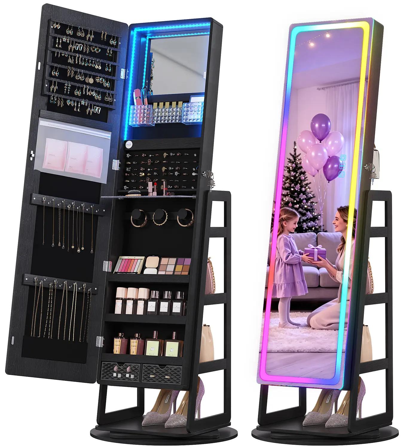 Dystler RGB LED Floor Standing Jewelry Cabinet with Full-Length Mirror, 360° Rotatable Lockable 12-Zones Velvet Jewelry Storage Organizer, 108 Earring Slots, 24 Necklace Hooks, Remote Control, Home Decor Gift