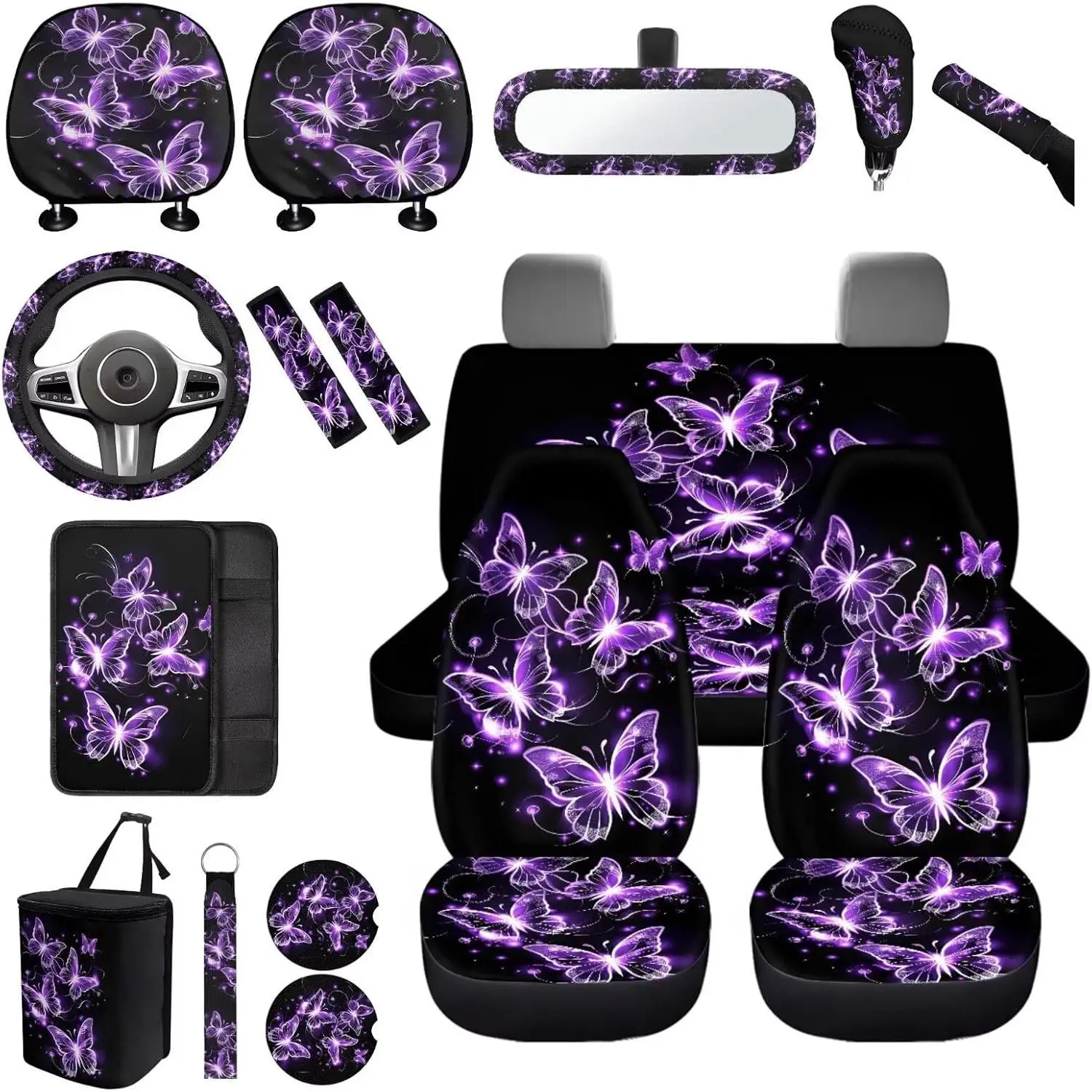 Purple Butterfly Car Seat Covers Full Set for Women Butterflies Car Accessories Set 17 Pieces with Purple Auto Head Rest Covers,Car Trash Can with Lid,Seat Belt Cushion,Universal Fit Most Car