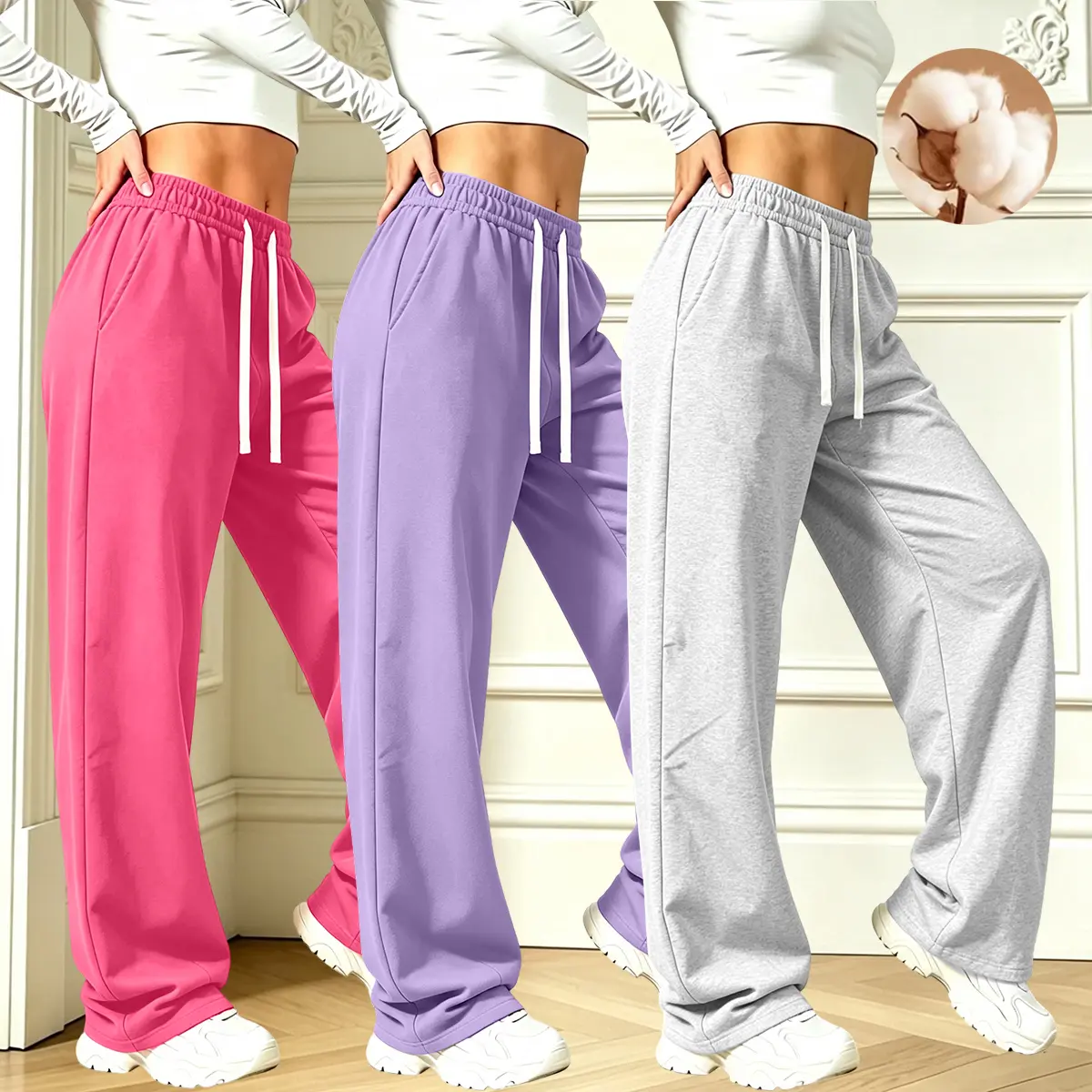 Women’s Mid-Rise Fashion Athletic Wide-Leg Pants – Cotton-Feel Casual Long Pants, Comfortable for All Seasons, Machine Washable Set of 3