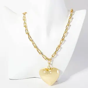 Gold Dipped Bold Puffy Heart Pendant Industrial Chain Necklace: Gold