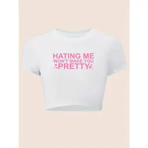 Letter Print Short Sleeve Round Neck Top Casual Slim Fit Crop T-shirt