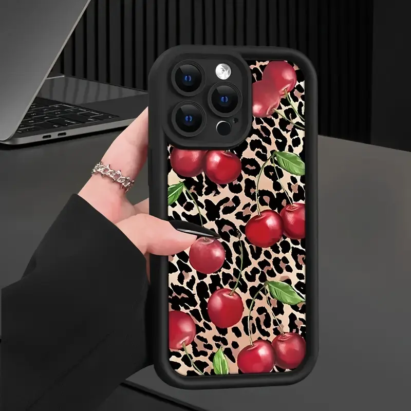 Cherry Leopard Pattern Silicone Casing for iPhone 16,15,14 Pro Max,13,12,11,XR,XS Plus - Military-Grade Shockproof, Non-Slip Smartphone Cellphone Devices Accessory, Gift for Women Men, Accessories