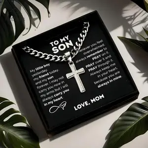 "To My Son" Stainless Steel Cross Pendant Necklace with Card & Gift Box Personalized Inspirational Jewelry Birthday Valentine's Day Gift for Son