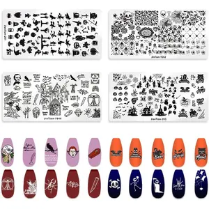 4 PCS Halloween Nail Stamping Plates Flowers Skull Nail Art Plates Templates Halloween Pumpkin Ghost Nail Stamper Set Spider Witch Printing Nail Stencils Reusable Nail Art Tools