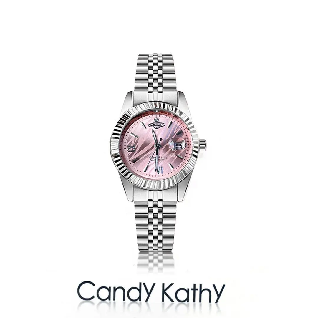 Candy Kathy Women's Pink Dial Automatic Watch, Jubilee Bracelet, Fluted Bezel, Saturn Logo, Datejust Style, Stainless Steel, Everyday Luxury & Perfect Gift for Her