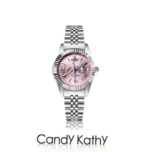 Candy Kathy Women's Pink Dial Automatic Watch, Jubilee Bracelet, Fluted Bezel, Saturn Logo, Datejust Style, Stainless Steel, Everyday Luxury & Perfect Gift for Her