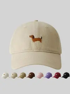 Cute Cartoon Sausage Dog Embroidered Baseball Cap, High-Quality Wide Brim, Casual Fitted Hat for All Seasons, Unisex Fashion Accessory, Embroidery Trendy Hat