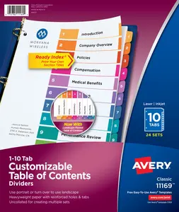Avery 10 Tab Dividers for 3 Ring Binders, Customizable Table of Contents, Multicolor Tabs, 24 Sets (11169)