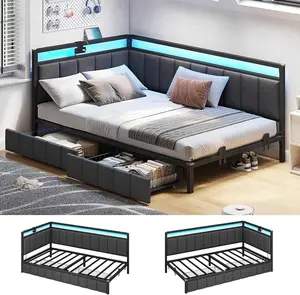 SIKAIC Modern LED Daybed Frame with Charging Station, Twin/Twin XL/Full Size Upholstered Sofa Bed with Linen Fabric Fence, Smart Wood Platform Bed, Gray