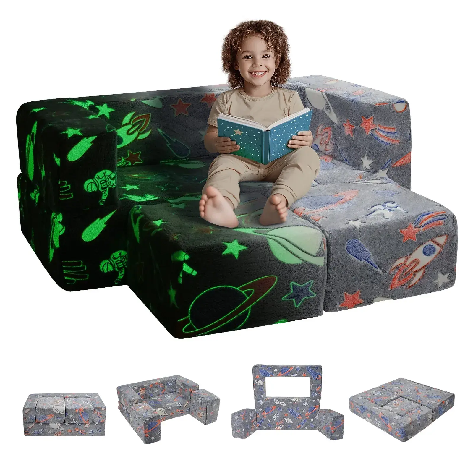 VEVOR 4-Pcs Modular Foldable Toddler Couch, Child-Friendly Kid-Safe Geometric Sectional Sofa Bed with Removable Cover, High Density Foam Fun Furniture for 6-8 Years Playroom, Dark Grey Glow-in-Dark