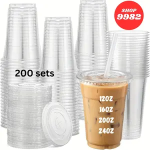 Unicup Package [200 sets] Clear Plastic Cups With Flat Lids,Disposable Iced Coffee Cups, BPA Free Premium Crystal Smoothie Cup for Party