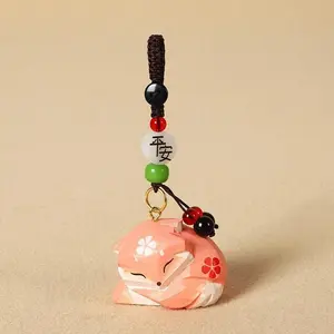 Cute Handmade Wooden Fox Keychain, Cherry Blossom Pattern Beaded Strap Hanging Charm, Decorative Car Bag Pendant Accessory, Ideal Gift for Family and Friends