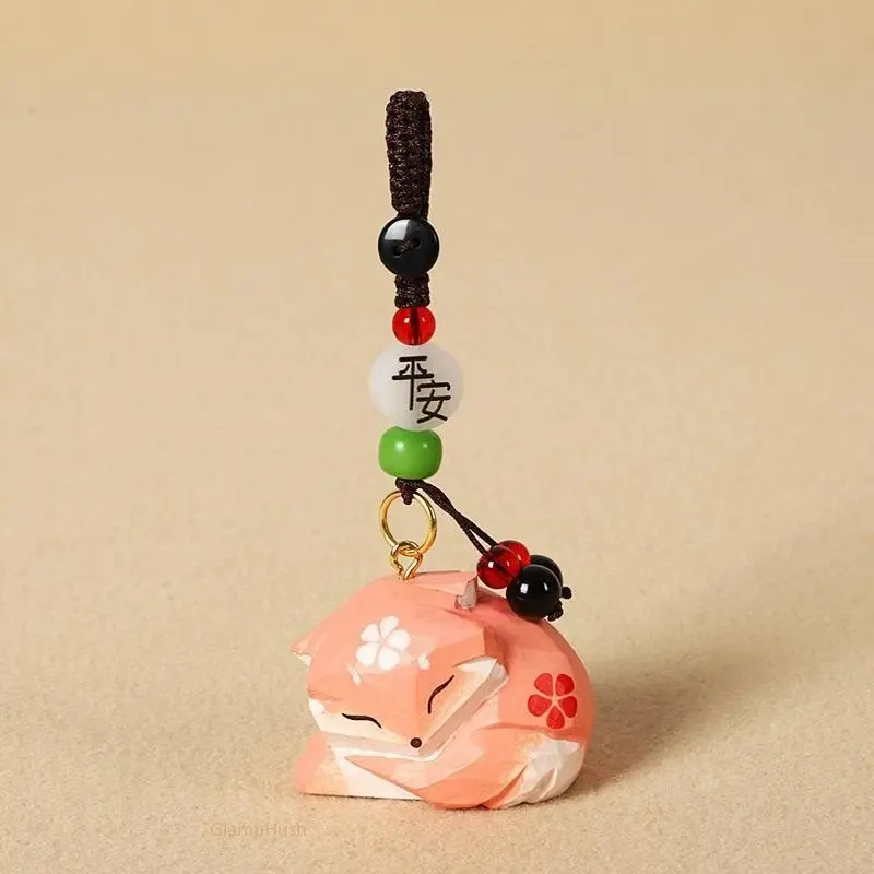 Handmade Wooden Fox Keychain with Cherry Blossom Pattern Beaded Strap - Sporty Chic Sports & Outdoor Protective Gear Accessory, Outdoor Bag Charm, Ideal Gift for Friends