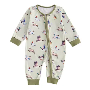 Baby Boy Zipper Romper Casual Cute Duck Print Long Sleeve Jumpsuit for Infant Toddler Fall Outfit