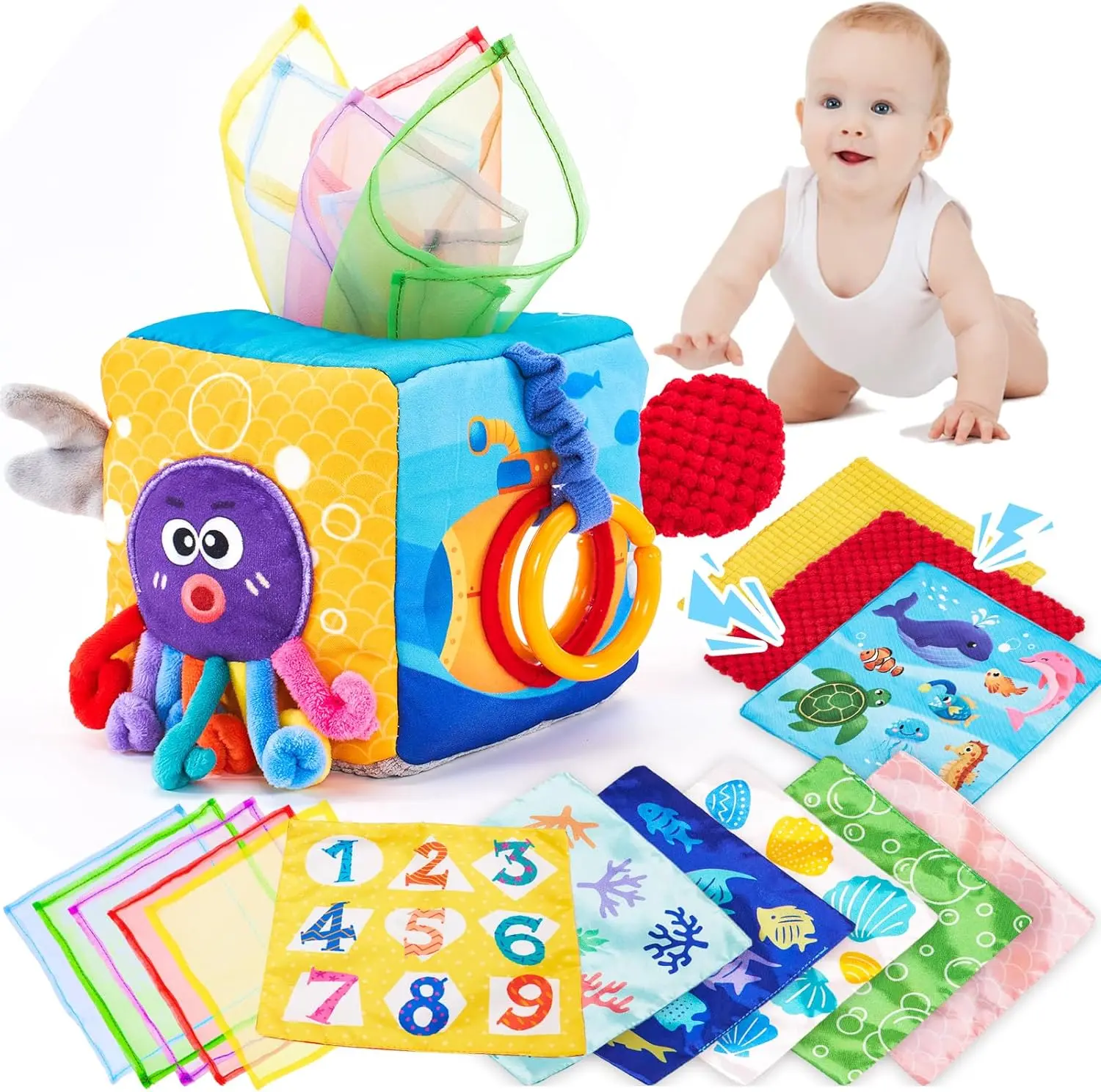 Baby Tissue Box Sensory Toy for Infants, Crinkle Cloths, Textured Tails, Mirror and Sensory Scarves Activity Set for Babies 6–12 Months