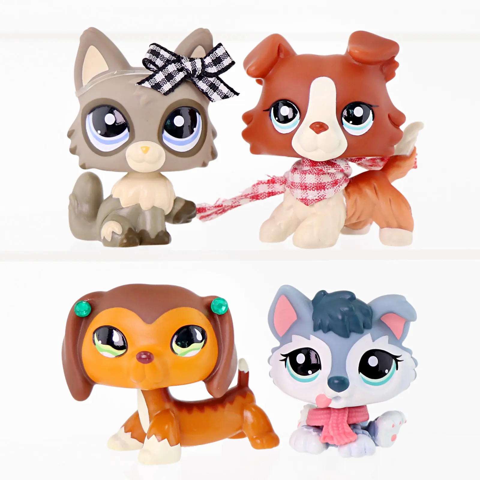 4 Pcs Wobble Head Mini Animal Figurines Set, Cute Cat & Dog Collectible Toys with Detachable Plaid Bow Knit Scarf Rhinestone Ear Stud Accessories, Small Pet Dolls for Cake Toppers Kids Party Favors Holiday Gift
