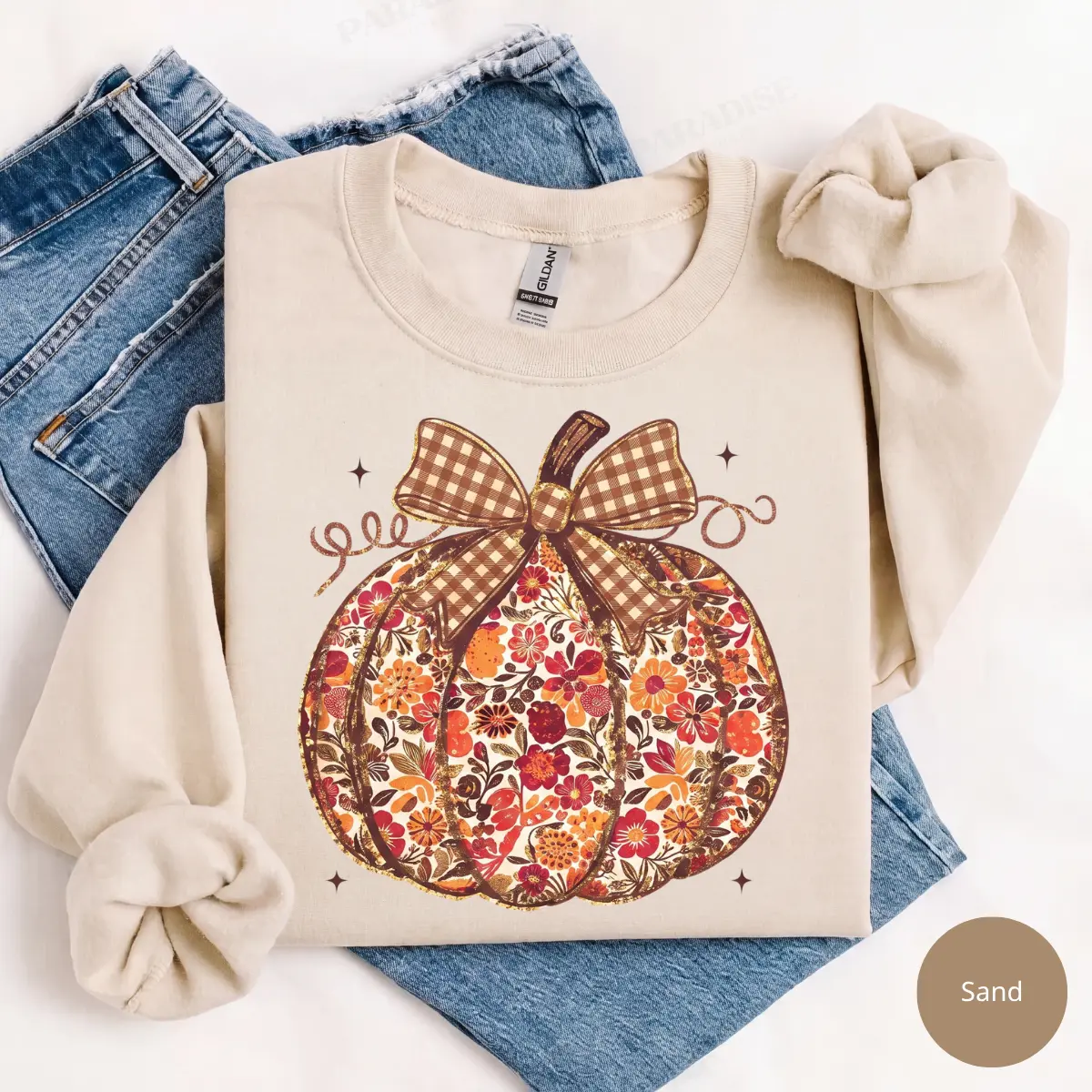 Floral Pumpkin T-Shirt or Sweatshirt, Coquette Bow Fall Graphic Top, Cute Autumn Pumpkin Shirt, Thanksgiving Outfit, Cozy Seasonal Gift