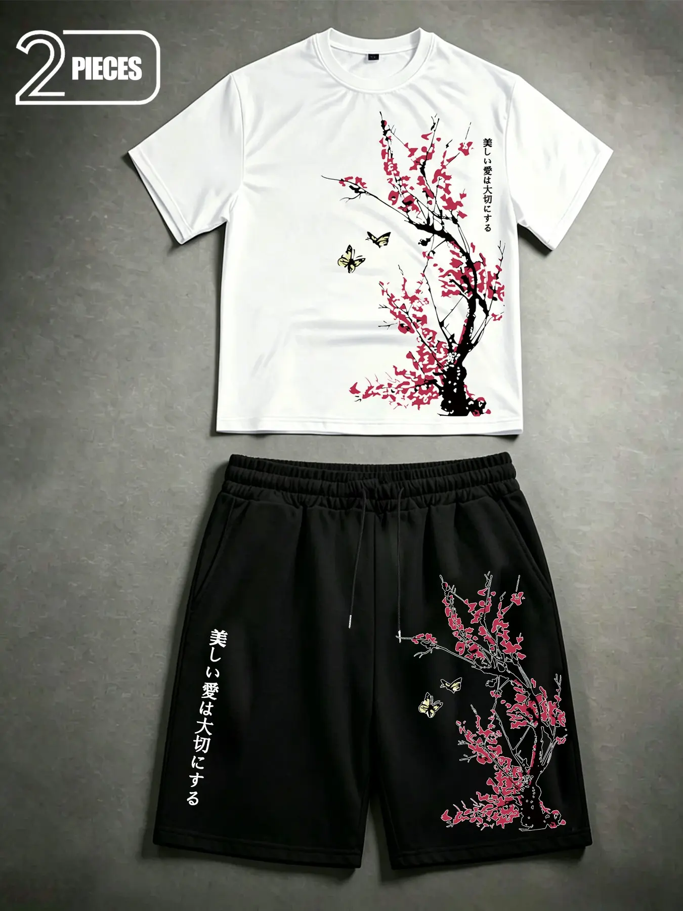 Men's 2-Piece Summer Streetwear Set - Japanese Cherry Blossom Print Short Sleeve T-Shirt and Drawstring Shorts - Aesthetic Oriental Graphic Tracksuit for Urban Casual & Vacation Wear