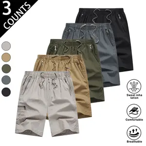 3-pack men’s cargo shorts with multiple pockets, drawstring elastic waistband paired with zippered pockets, breathable and wear-resistant fabric, loose fit—ideal for everyday casual wear and outdoor activities; practical, versatile, and cool and clean.