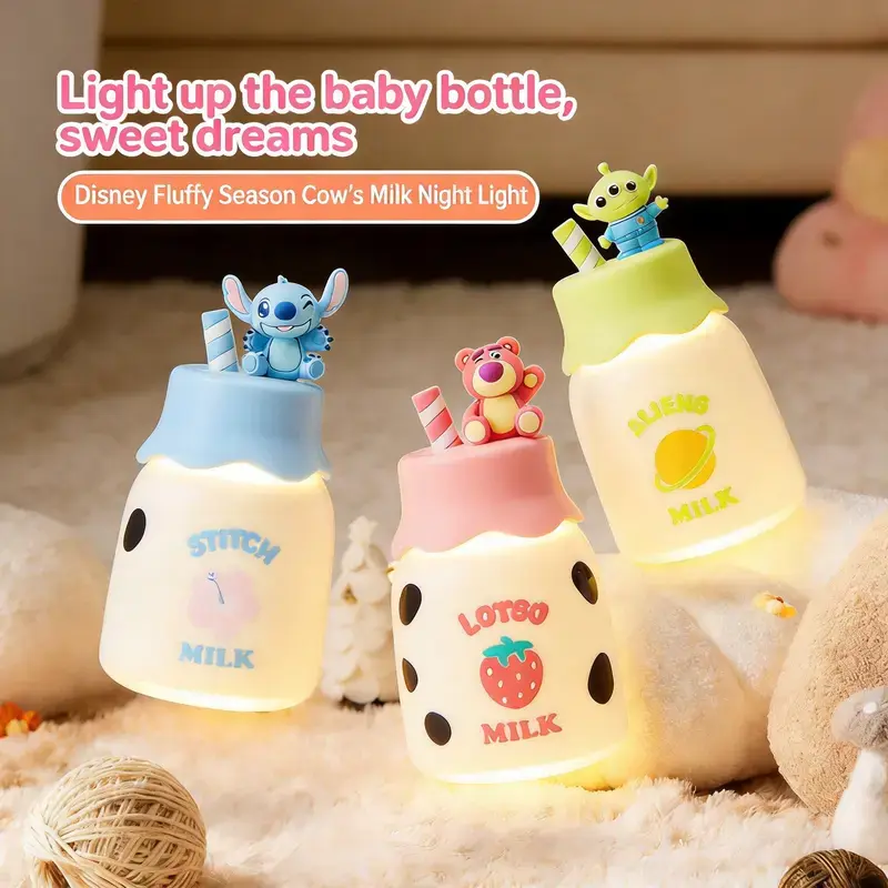 Disney Stitch Milk Bottle Night Light,Blueberry Milk Cute Baby Nightlight, Silicone Soft Glow Bedside Lamp for Kids Room, Toddler Sleeping Companion, Calming Nursery Lamp, Creative Gift for Disney Fans,Holiday Gift Birthday Gift