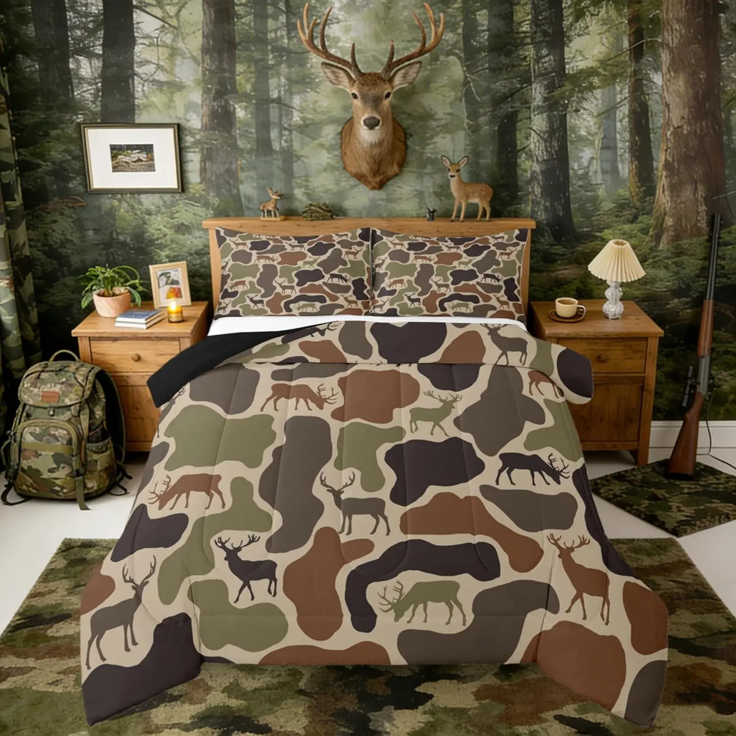 Camo Deer Bedding Set,Camouflage Hunting Deer Comforter Set,Green Military Army Camo Down Comforter for Teenager Country Hunter Wildlife Bed Set,Bedroom Decor