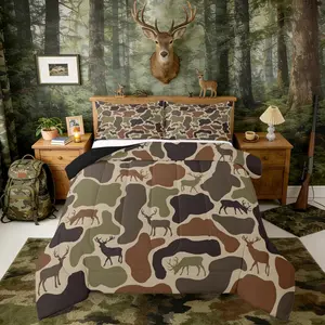 Camo Deer Bedding Set,Camouflage Hunting Deer Comforter Set,Green Military Army Camo Down Comforter for Teenager Country Hunter Wildlife Bed Set,Bedroom Decor