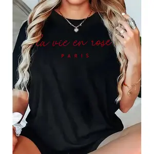 Elegant La Vie En Rose Paris Cotton Tee for Women Featuring Chic Red Text Design