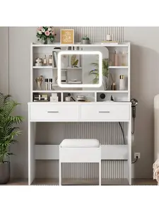 【Christmas Gift】Vanity Desk, Makeup Vanity With Sliding Mirror, 3 Lighting Modes Adjustable Vanity Desk With Charging Station And Soft Cushioned Stool, 2 Drawer Modern Makeup Table For Bedroom, Makeup StudioWhite