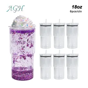 AGH [New Arrived] 6pcs 18oz Snow Globe Plastic Tumbler with Clear Lid Double Wall Water Bottle with Pre Drilled Hole and Plug for DIY Glitter Gifts