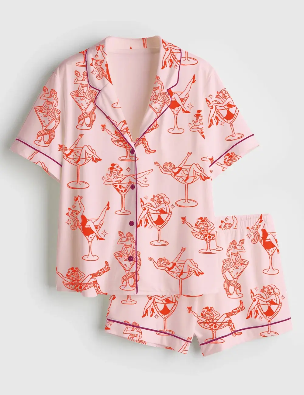 Women’s Cowgirl Girl Woman In Martini Glass Mermaid Catgirl In Glass Short Sleeve Satin Pajama Set, Pajama Gifts for Her, Shorts & Pants | Custom Gift for Her | Bridesmaid Pajamas | Custom Jersey PJS