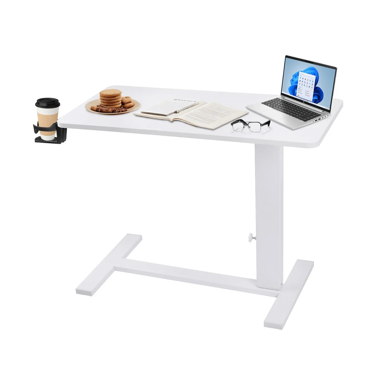 Elevate Your Comfort: White Rolling Overbed Table w/ Smart Pneumatic Lift & 360° Swivel - Medical-Grade Wheels for Laptop Work, Hospital Recovery & Breakfast in Bed!