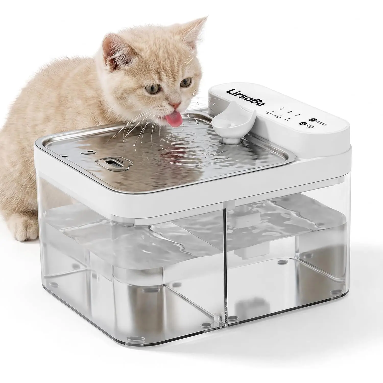 Cat Water Fountain, Filterless Cordless Cat Water Bowl, Wastewater Separation, Stainless Steel Tray, Not Continuous-Flow Auto-Refill Pet Water Dispenser with Scheduled Water Refresh, White