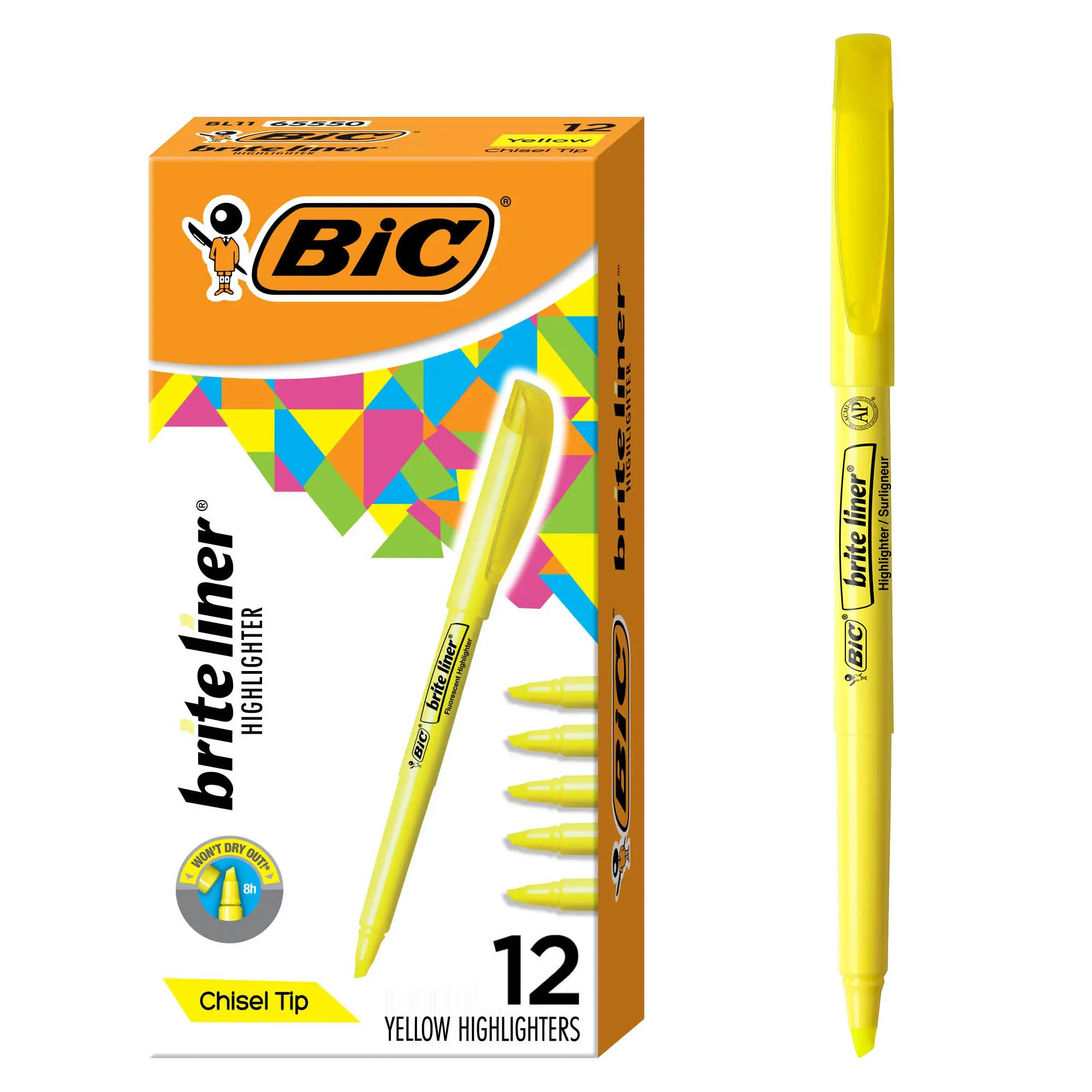 BIC Brite Liner Highlighter Markers, Chisel Tip, 12-Count Yellow Boxed Assortment Markers & Highlighters, Ideal for Documents, Journaling Supplies, Art, Office Organization